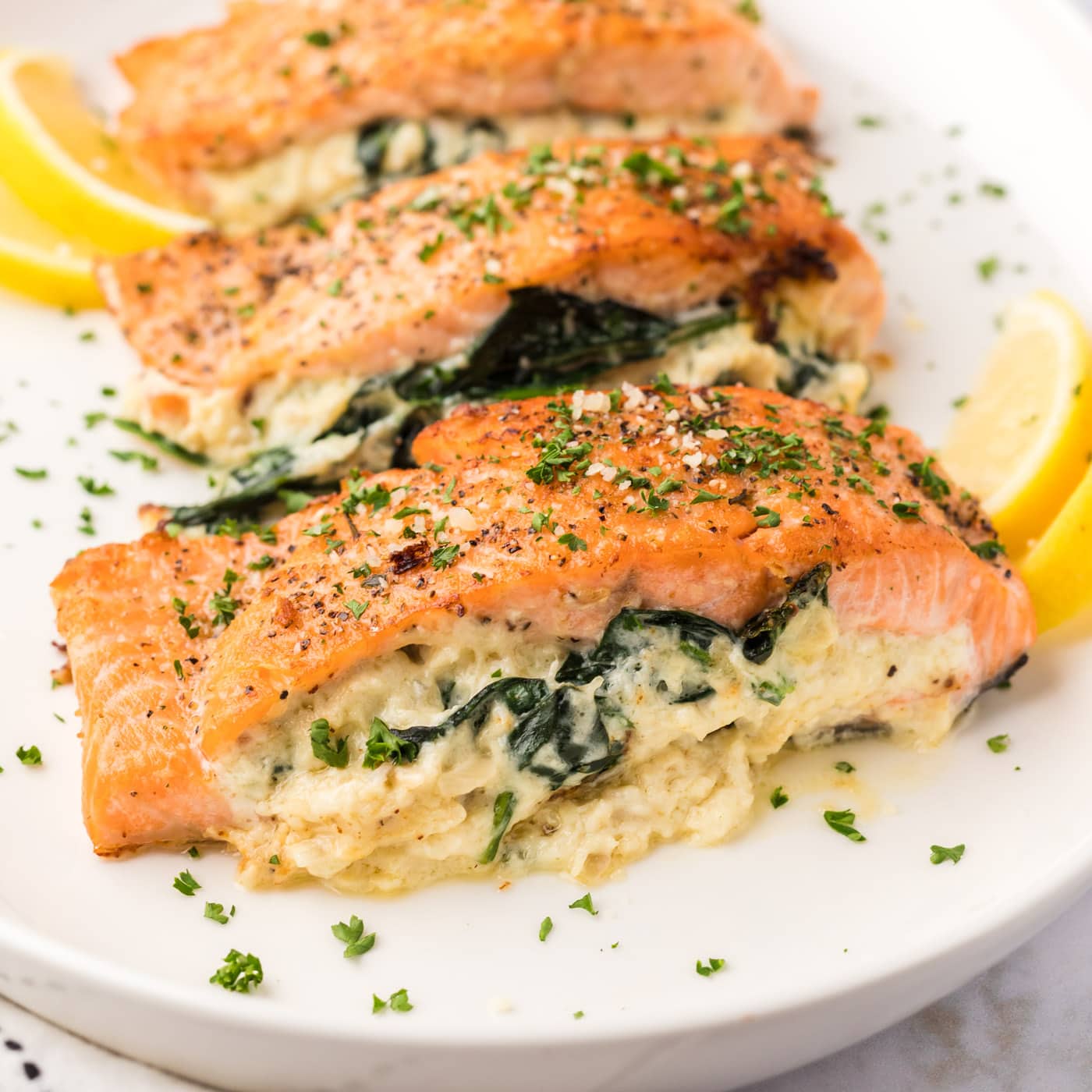 Close up photo of Stuffed Salmon on a platter