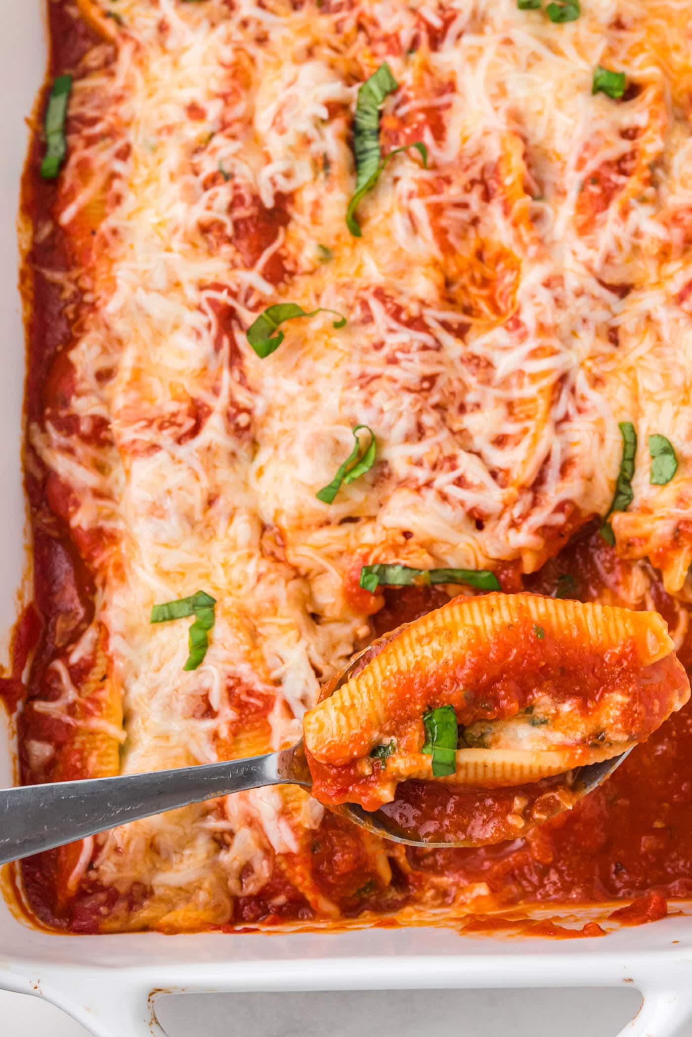 spoon in a pan of Stuffed Shells