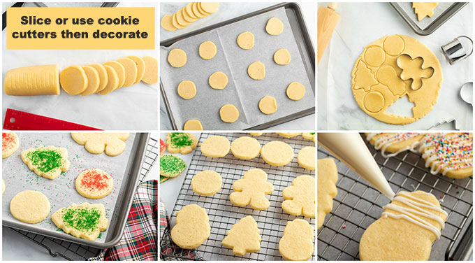 collage of photos show sliced and cookie cutter cut dough