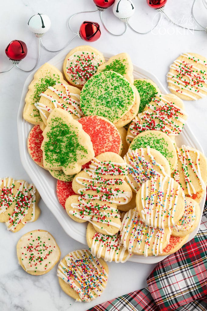 white platter full of christmas cookies