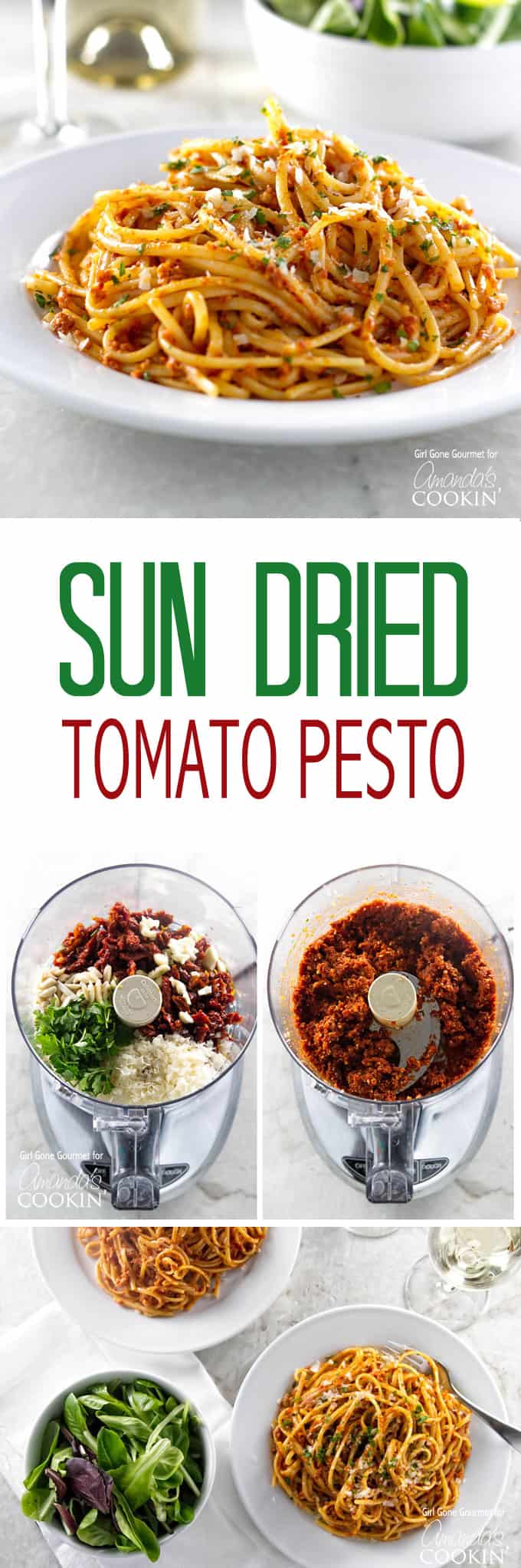 Photos of sun-dried tomato pesto in a food processor.