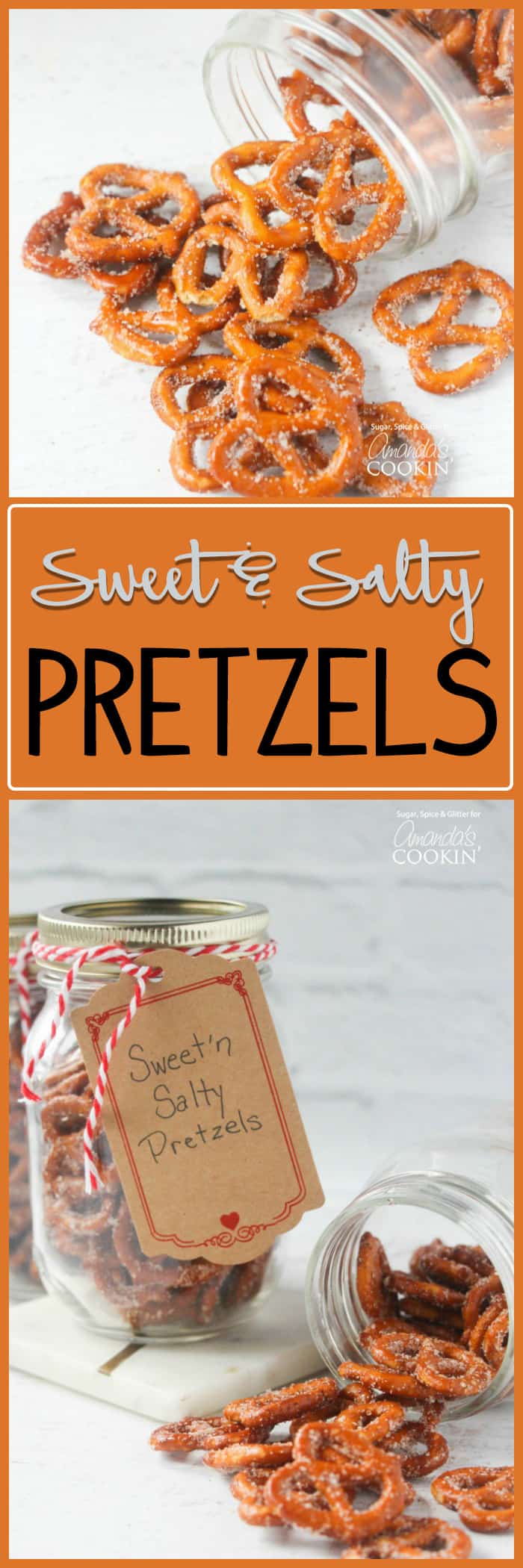 Photos of sweet and salty pretzels in jars.