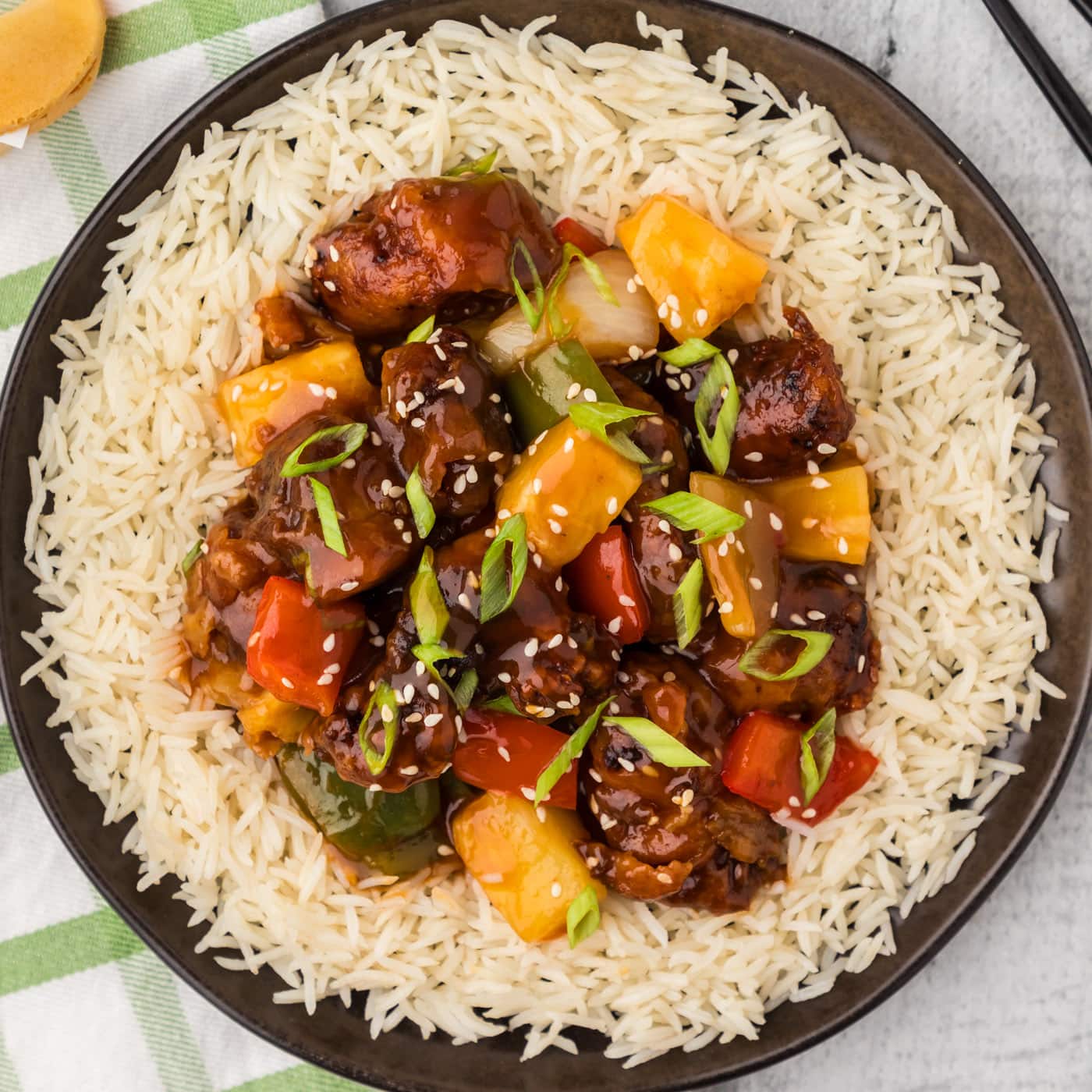 Overhead photo of Sweet and Sour Pork served over rice
