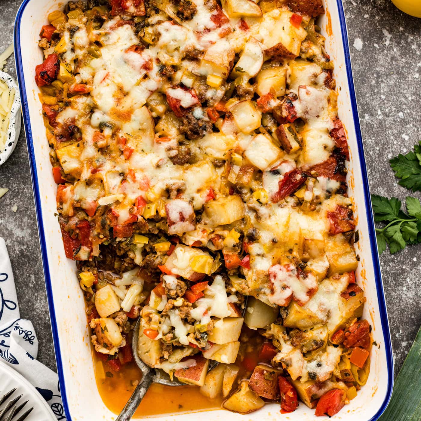 Sausage and Potato Casserole with a spoon in it