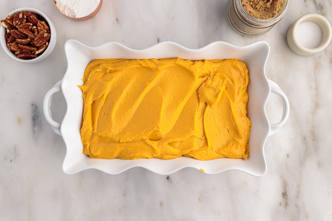 creamy sweet potato filling in a baking dish