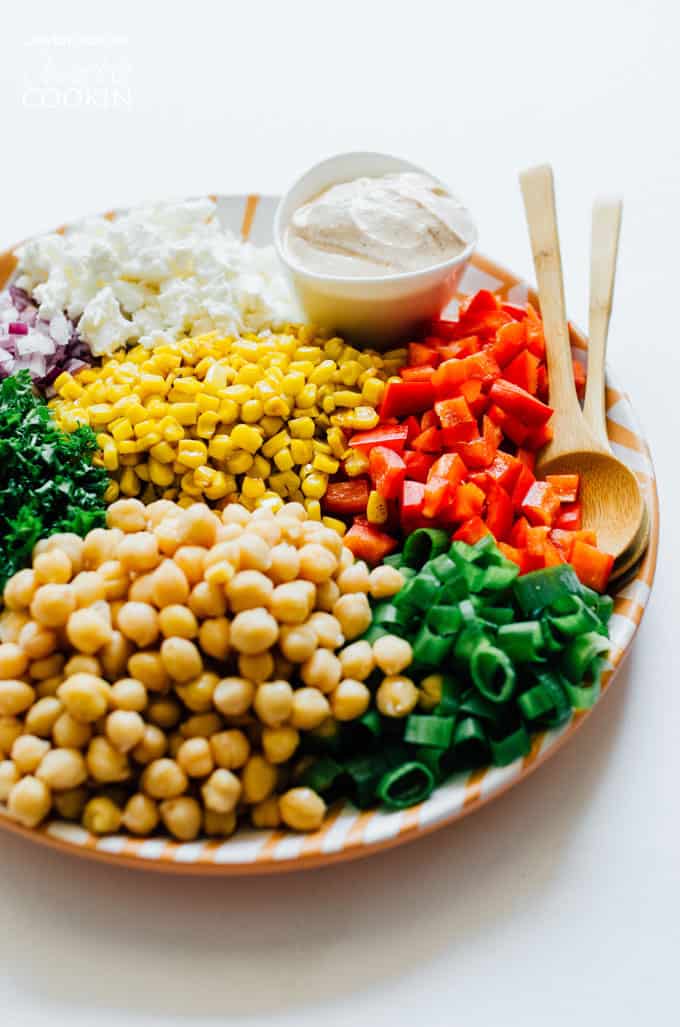chickpea salad ingredients on a plate