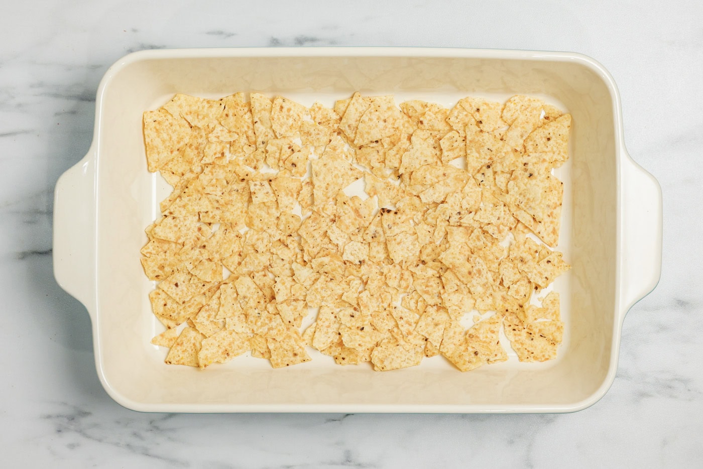 Slightly crumbled tortilla chips on bottom of a baking dish