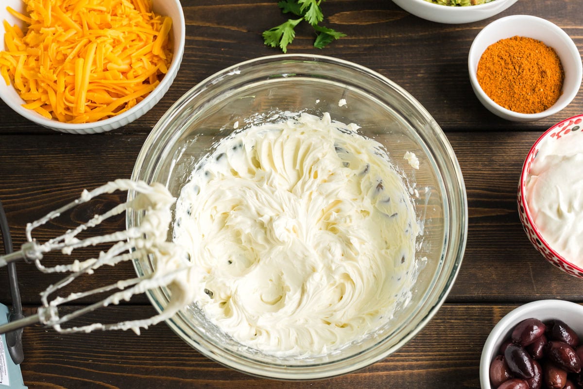 beaten cream cheese in bowl