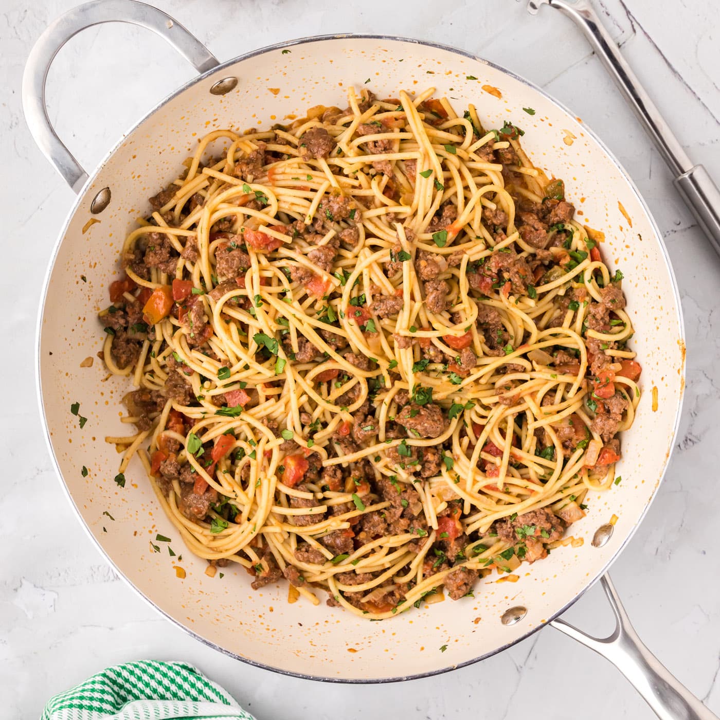 Overhead photo of a skillet of Taco Spaghetti