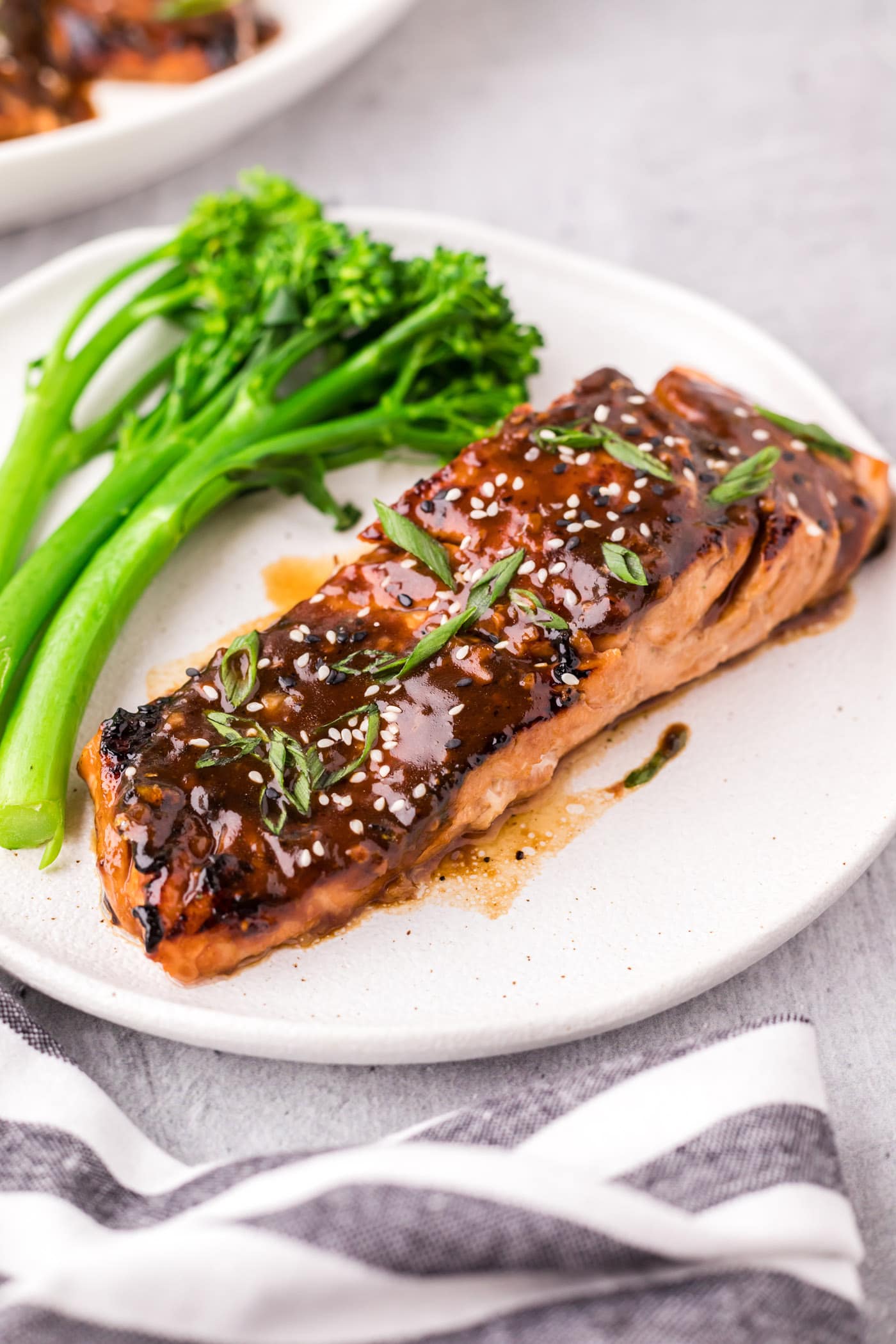 Teriyaki Salmon on a plate with broccolini
