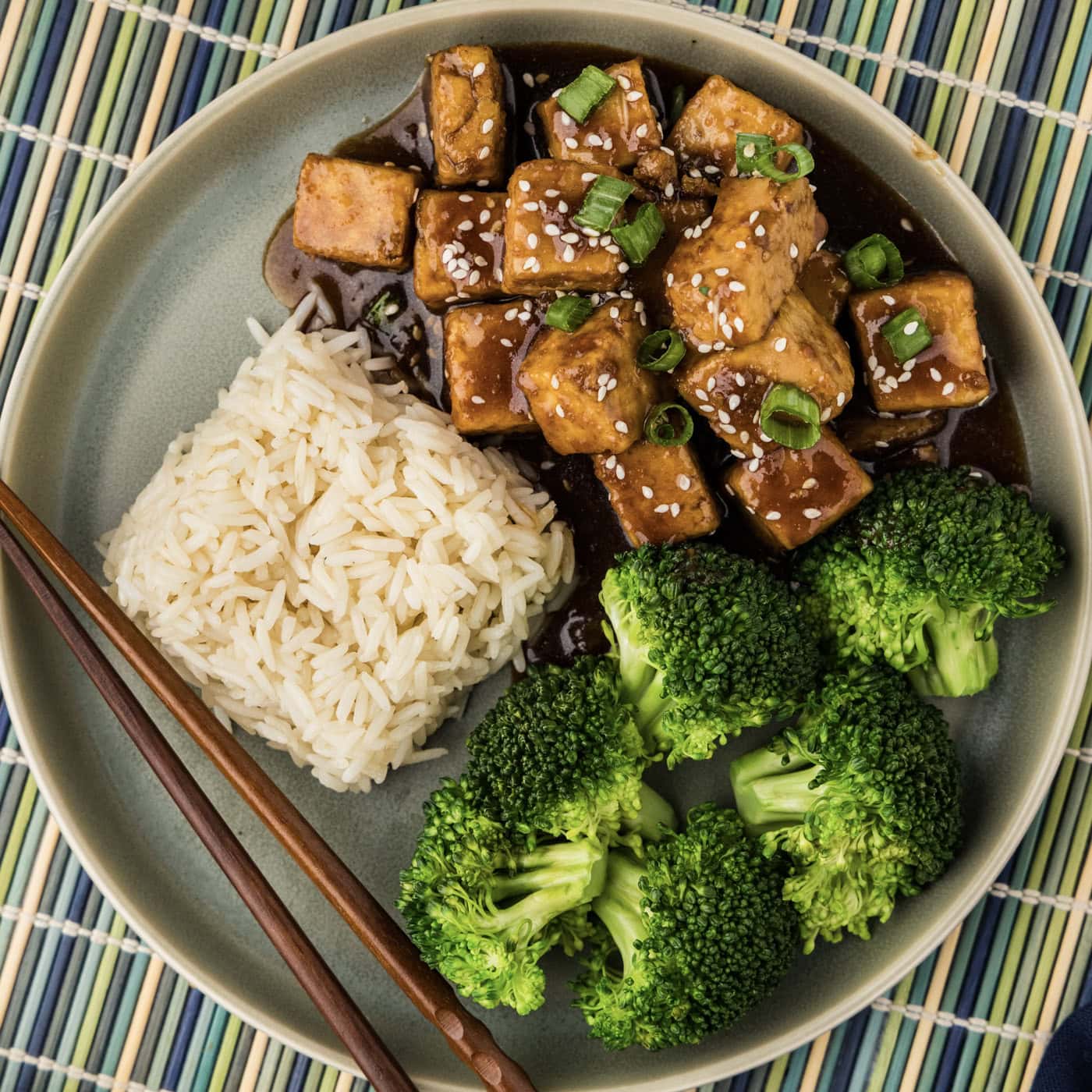 Close up photo of Teriyaki Tofu on a plate with rice and broccoli