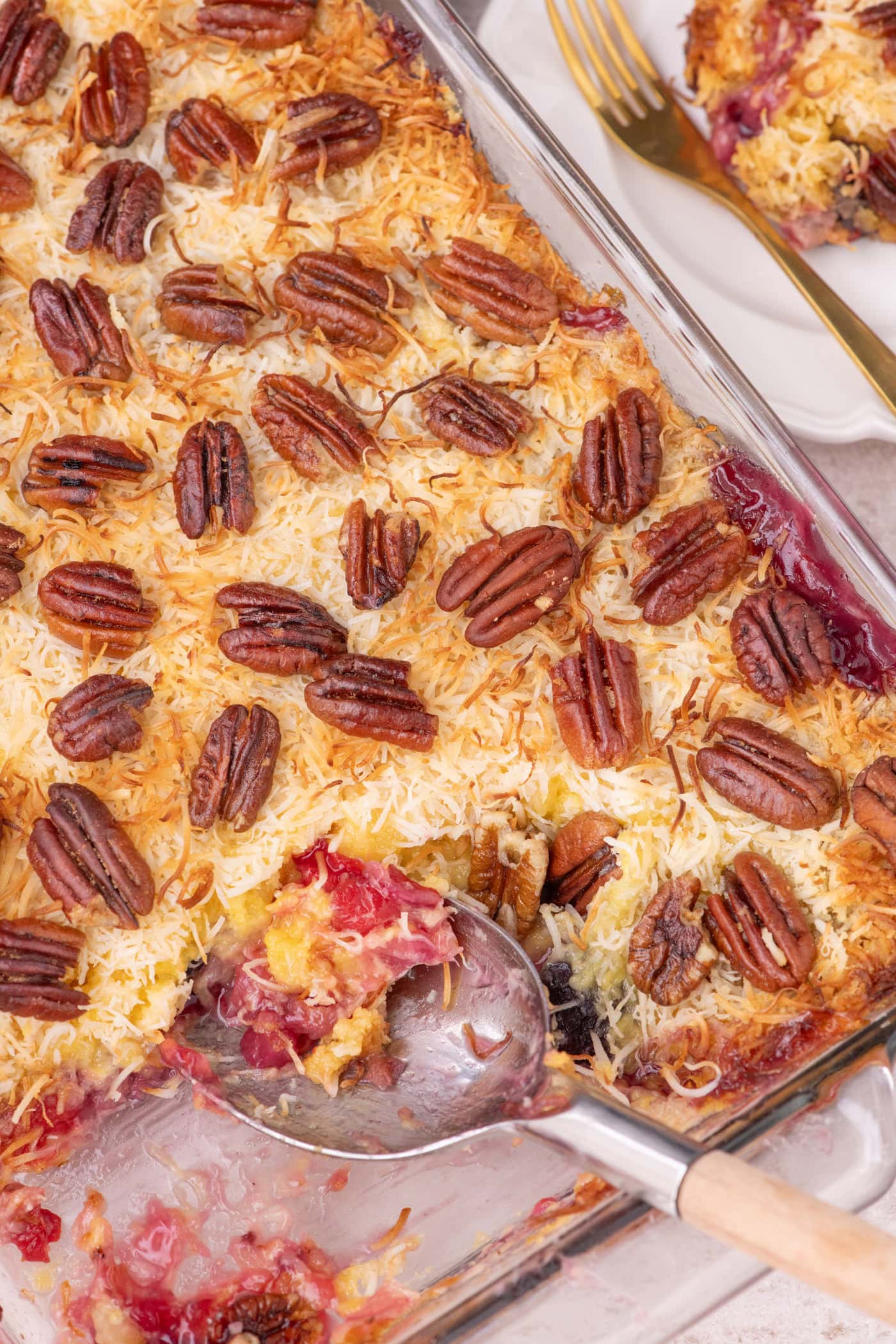 Overhead photo of a Texas Pie with a spoon in it
