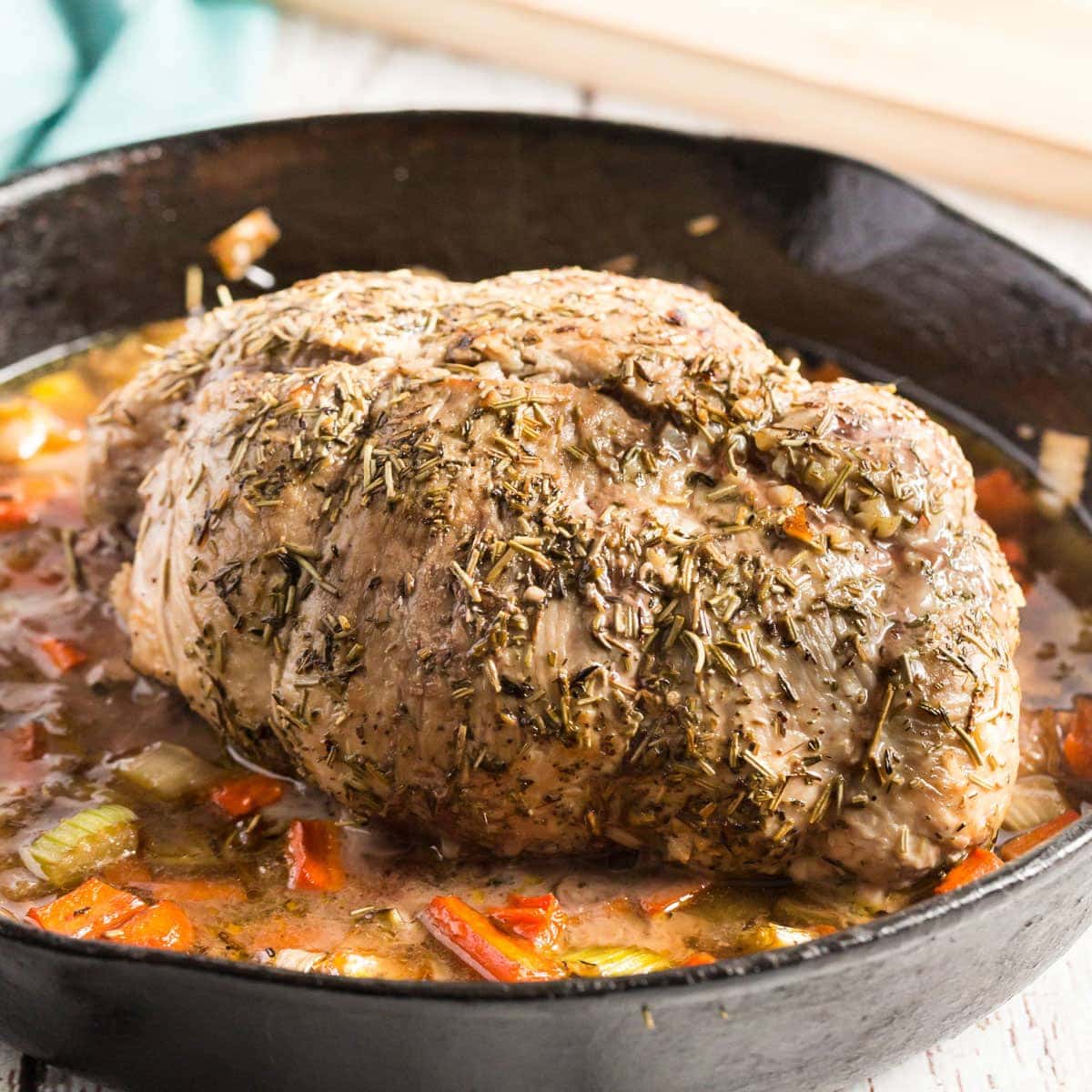 pork sirloin roast in a cast iron pan