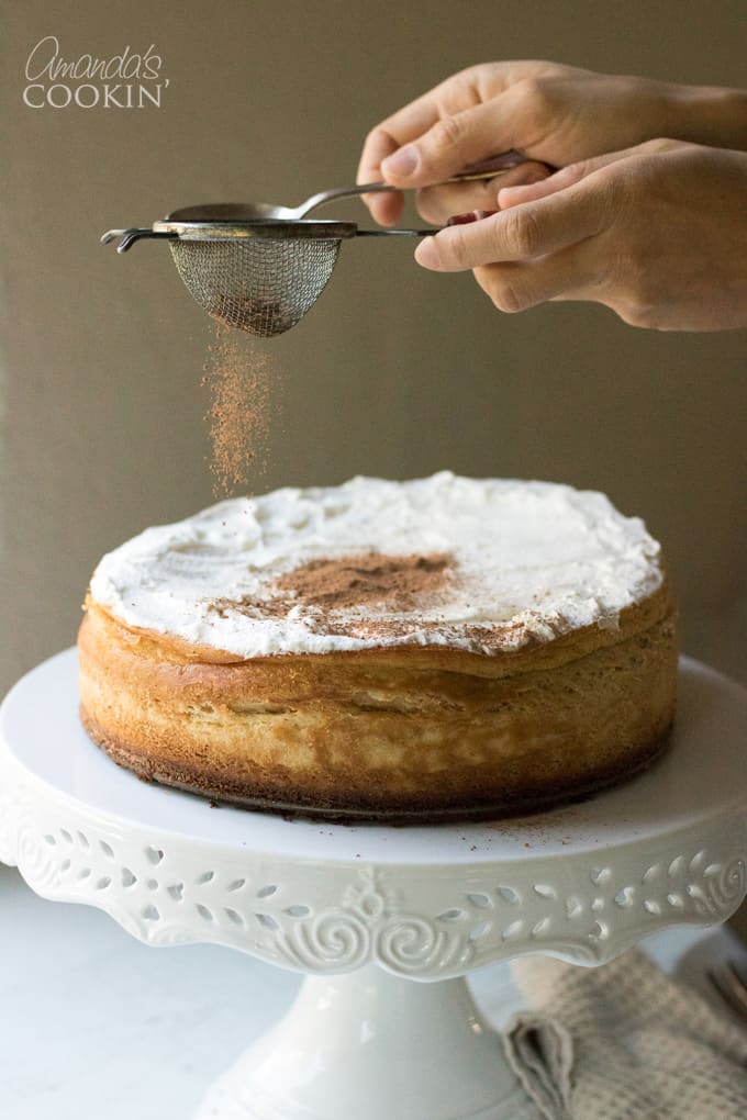 How to make tiramisu cheesecake: dust cocoa over the top