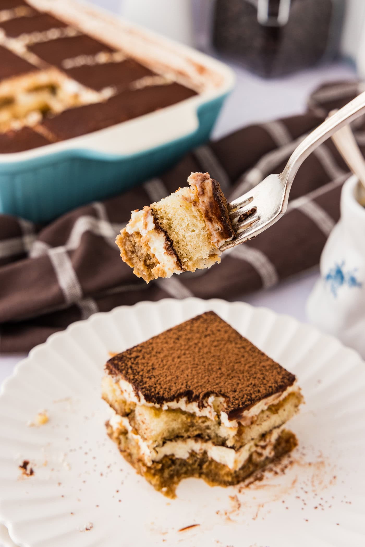 Piece of Tiramisu Icebox Cake on a fork