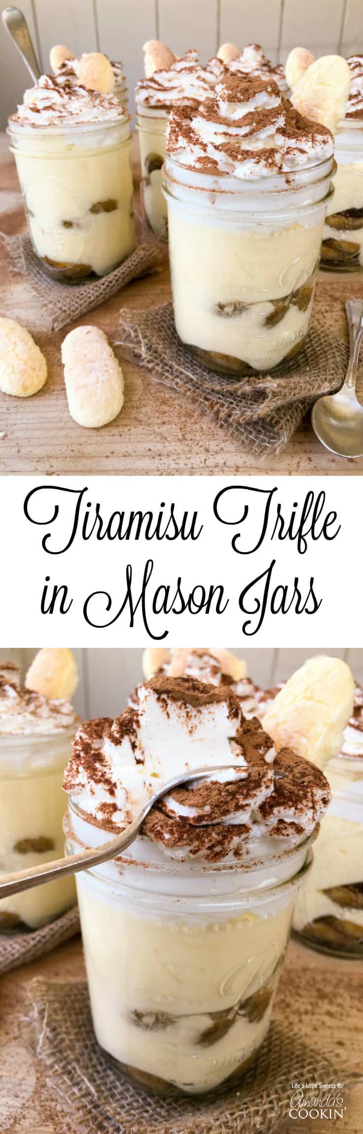 Photos of tiramisu trifle in mason jars.