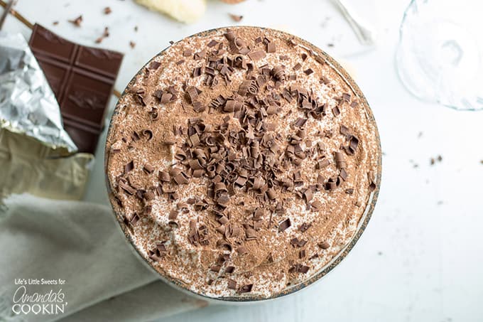 Tiramisu trifle from above with chocolate shavings