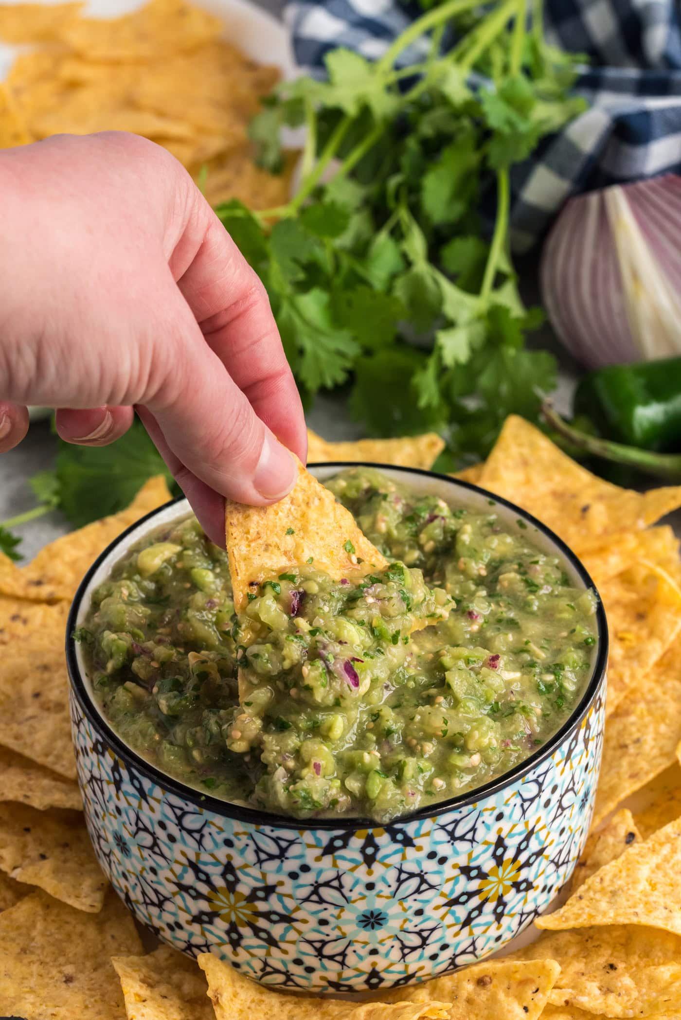 Hand scooping up some Tomatillo Onion Avocado Salsa with a tortilla chip