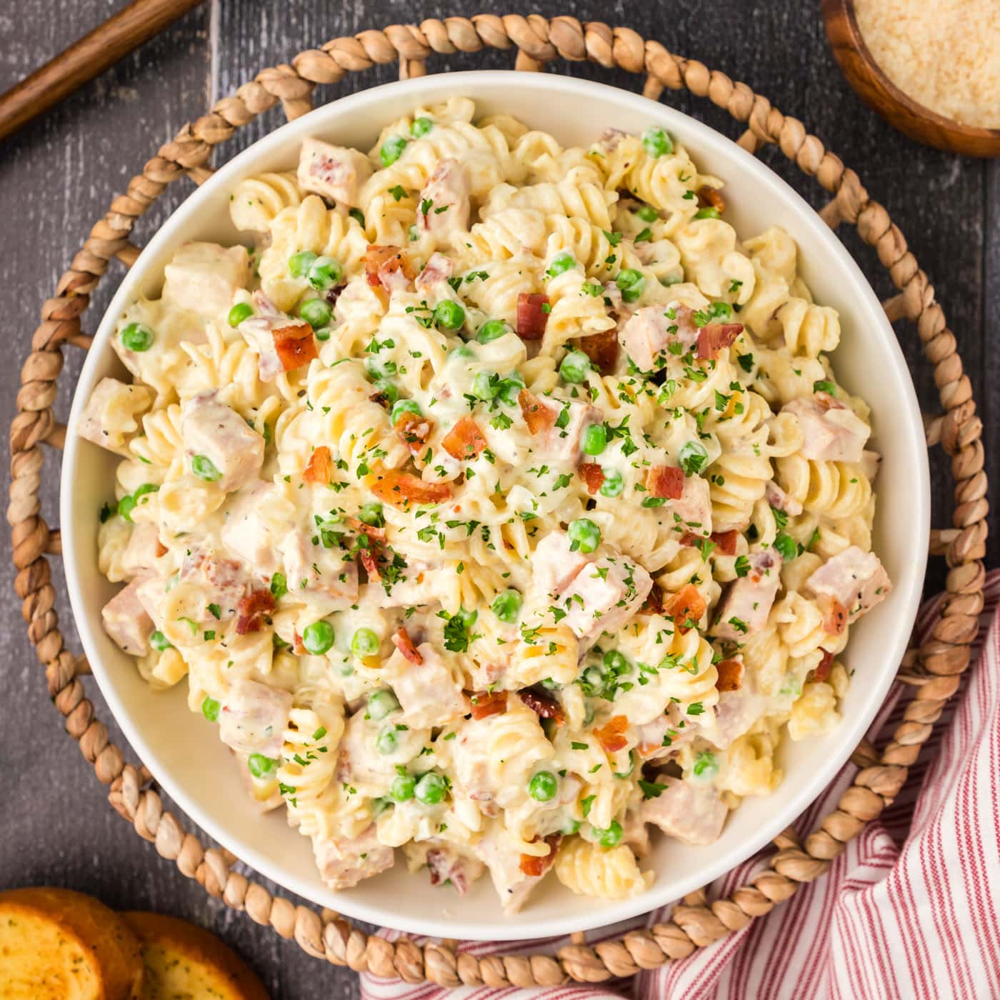 Overhead photo of a bowl of Turkey Carbonara