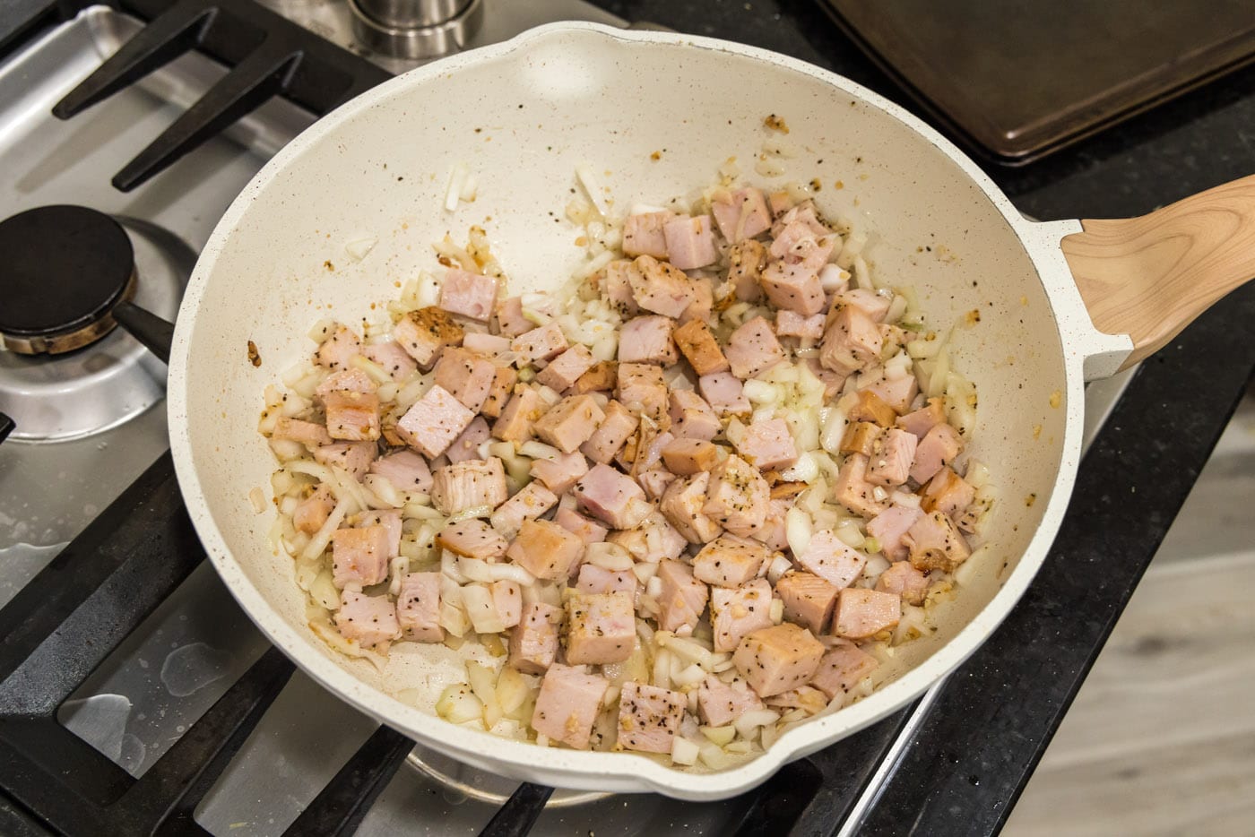 cubed turkey with onion and garlic