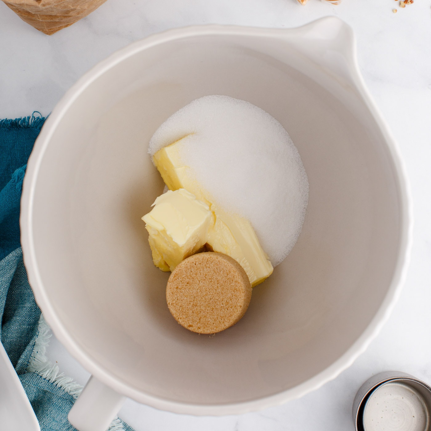 butter, granulated sugar and brown sugar in a bowl