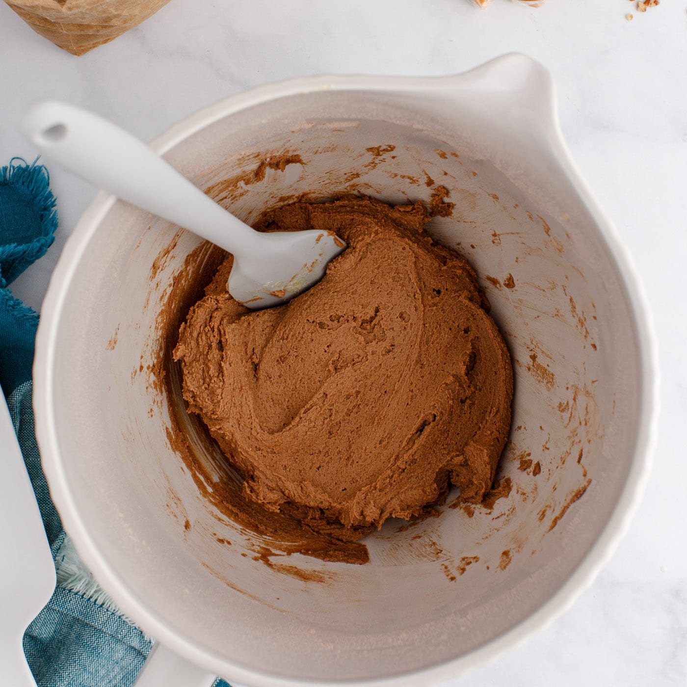 chocolate thumbprint cookie dough in a bowl