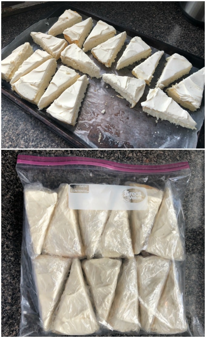 white cake slices on a jelly roll pan, frozen cake slices in a freezer bag