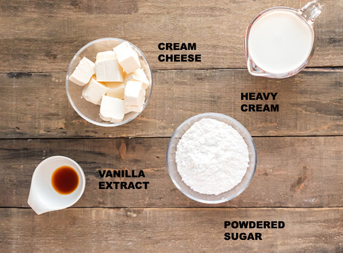 ingredients for cream cheese frosting: cream cheese, heavy cream, powdered sugar, vanilla