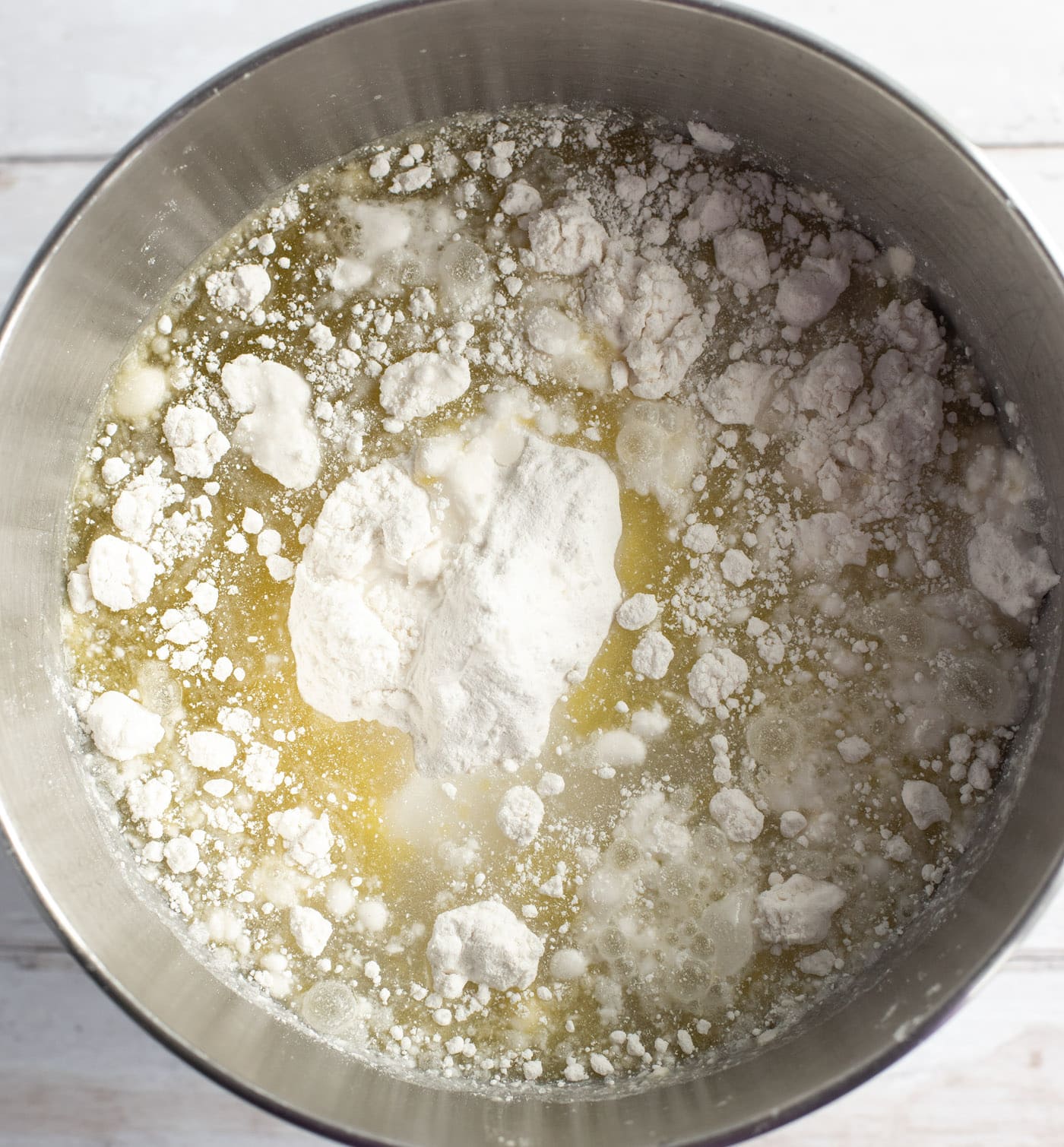 cake mix with oil and eggs in a bowl