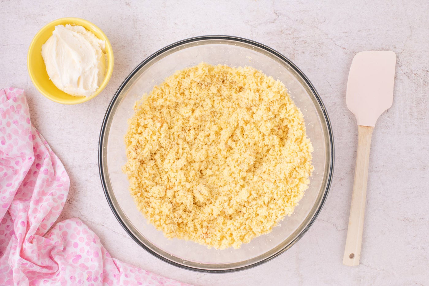 crumbled cake in a bowl