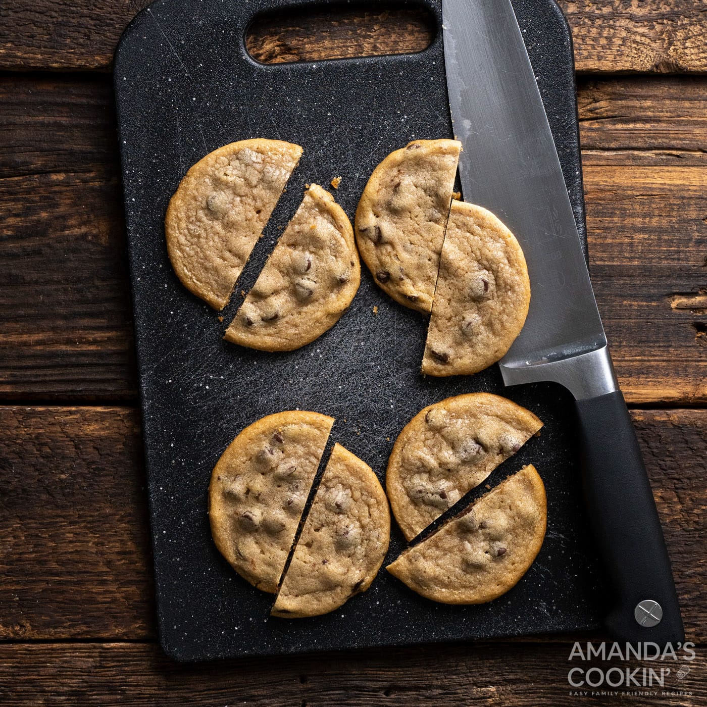 chocolate chip cookies cut in half