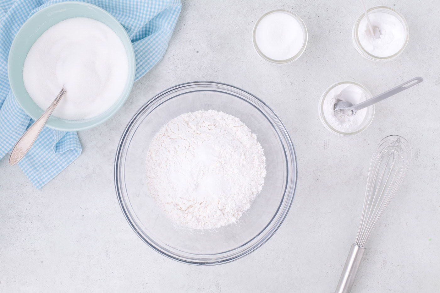 cake flour with sugar, baking powder, baking soda, and salt