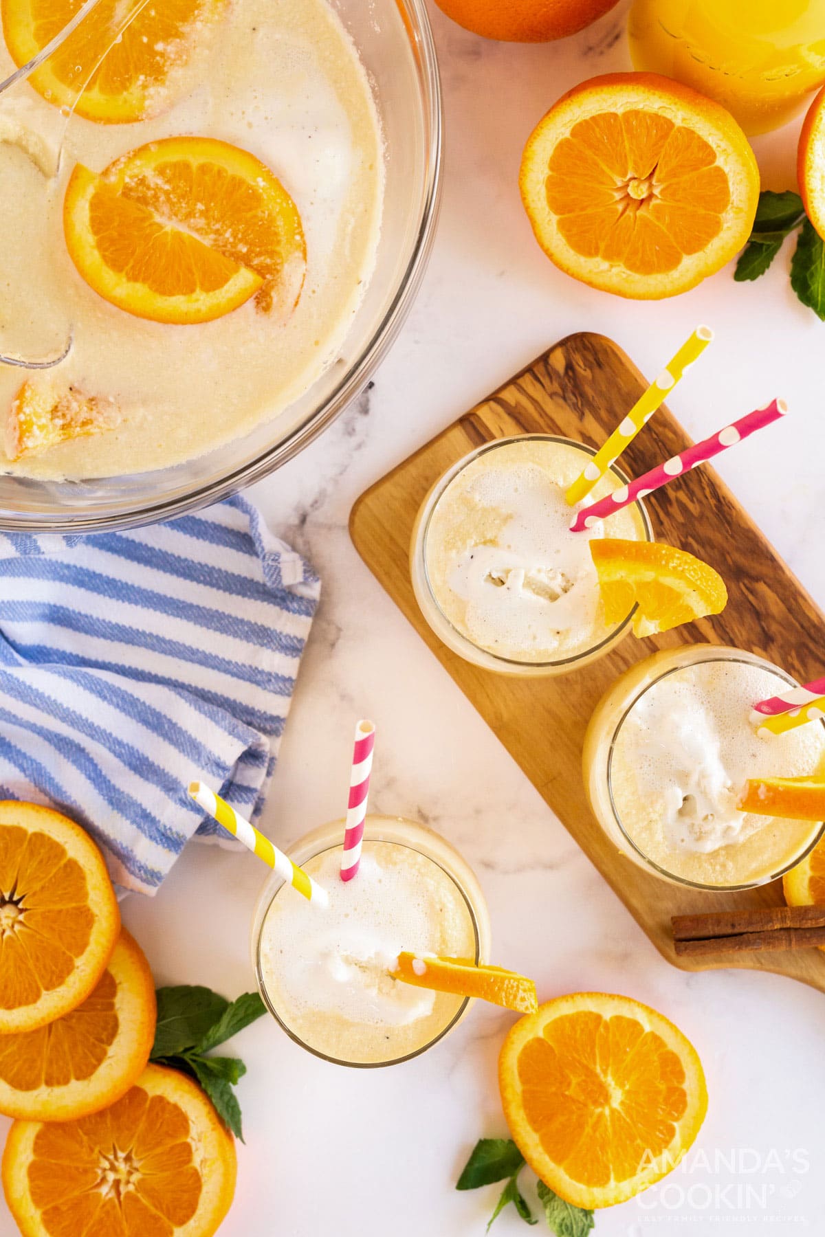 vanilla orange punch in a bowl and in glasses