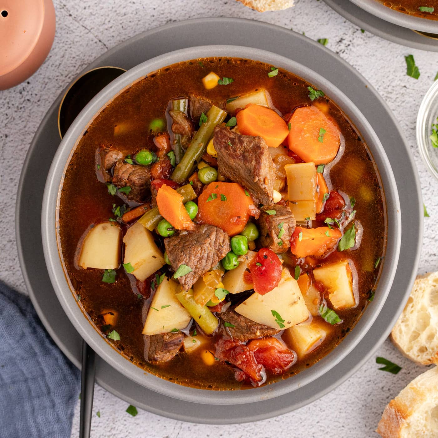 Overhead photo of a bowl of Vegetable Beef Soup