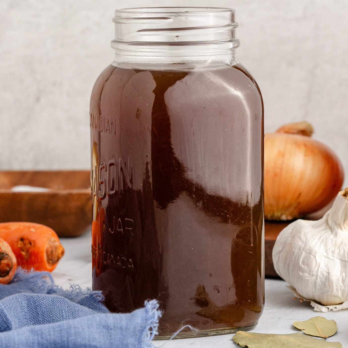 Close up photo of a jar of Vegetable Broth