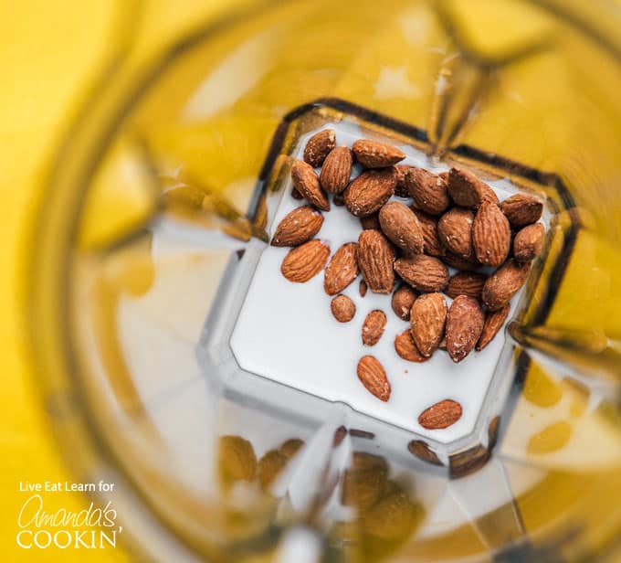 coconut milk, almonds, seasonings and garlic in blender