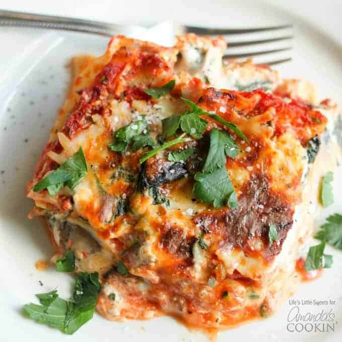 overhead photo of veggie lasagna on a white plate