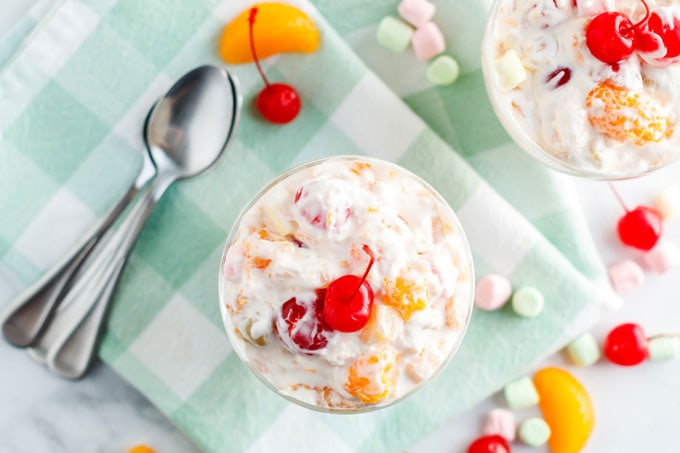 overhead view of ambrosia fluff dessert