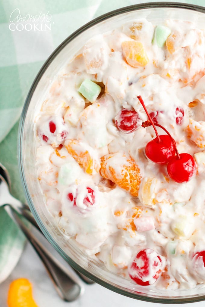 close up of ambrosia dessert in large bowl