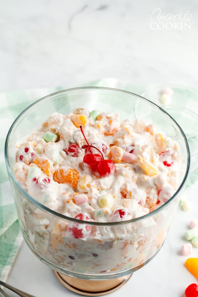 large bowl of ambrosia salad dessert
