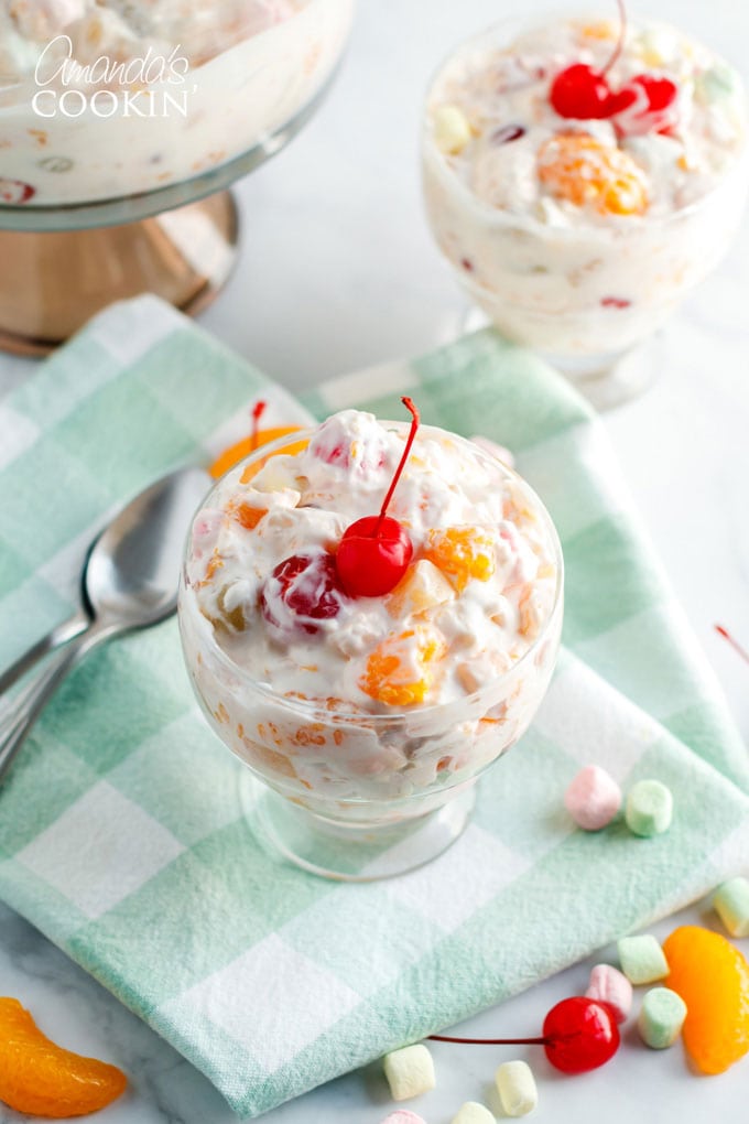 dessert dish filled with ambrosia salad