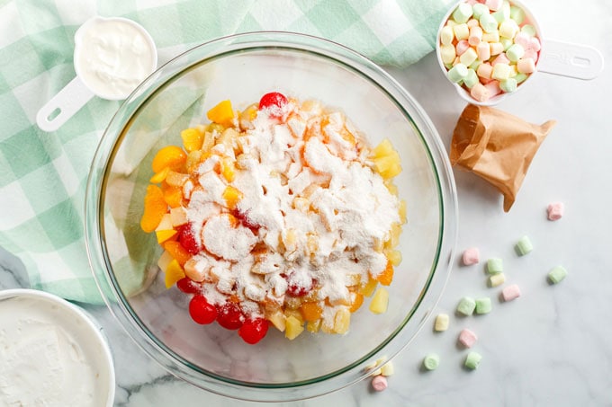 bowl of fruit salad with pudding mix