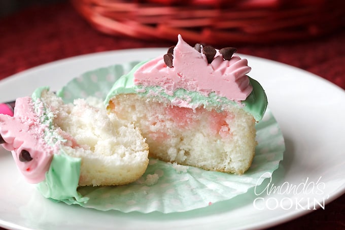 watermelon poke cupcake cut in half