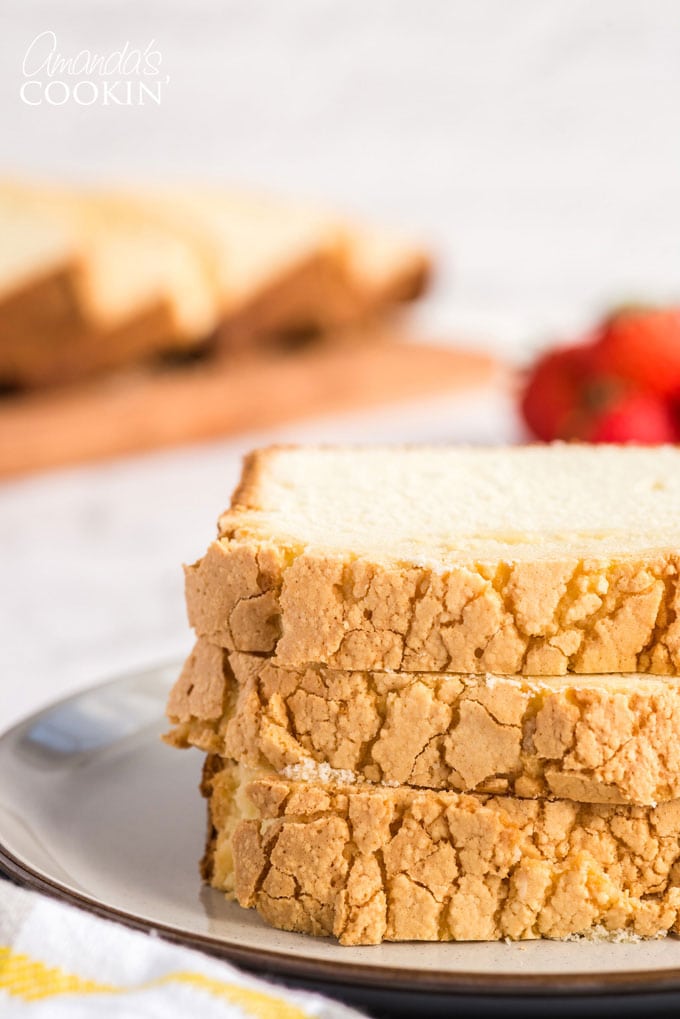 sliced of pound cake stacked on a plate