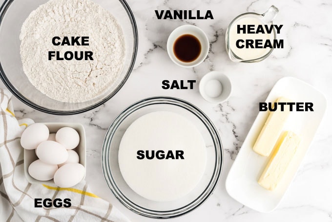 labeled ingredients for pound cake recipe