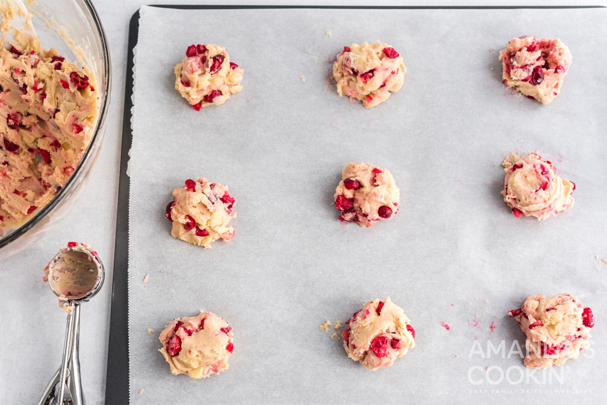 White Chocolate Cranberry Cookies dough balls on sheet