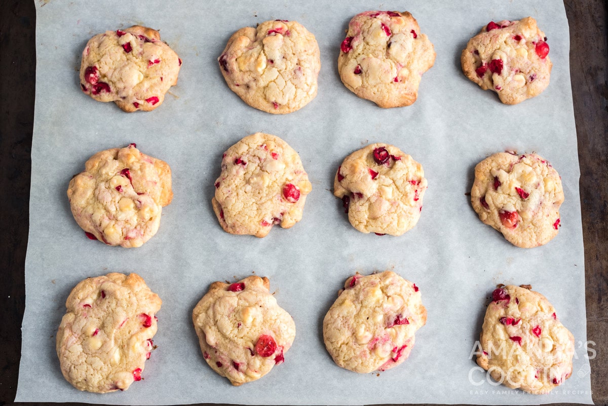 White Chocolate Cranberry Cookies on cookie sheet