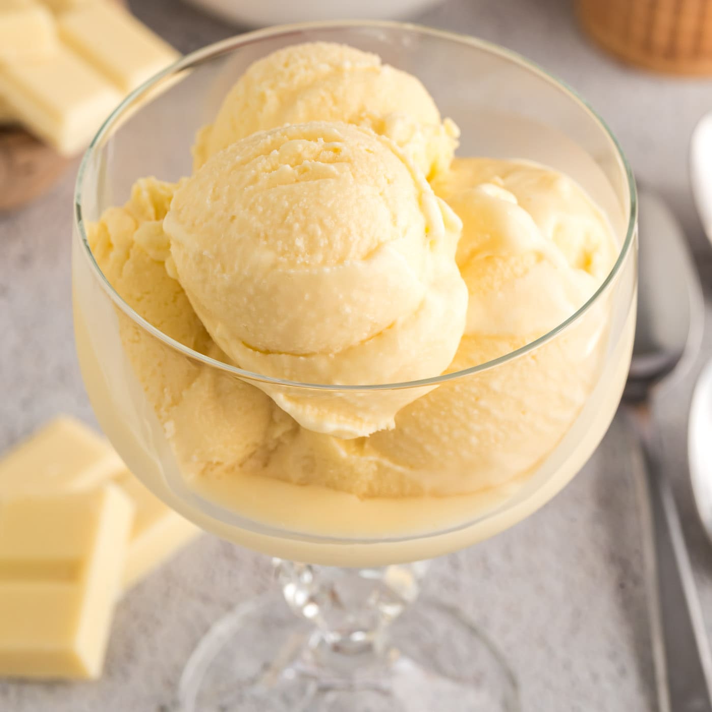 Scoops of White Chocolate Ice Cream in a sundae cup