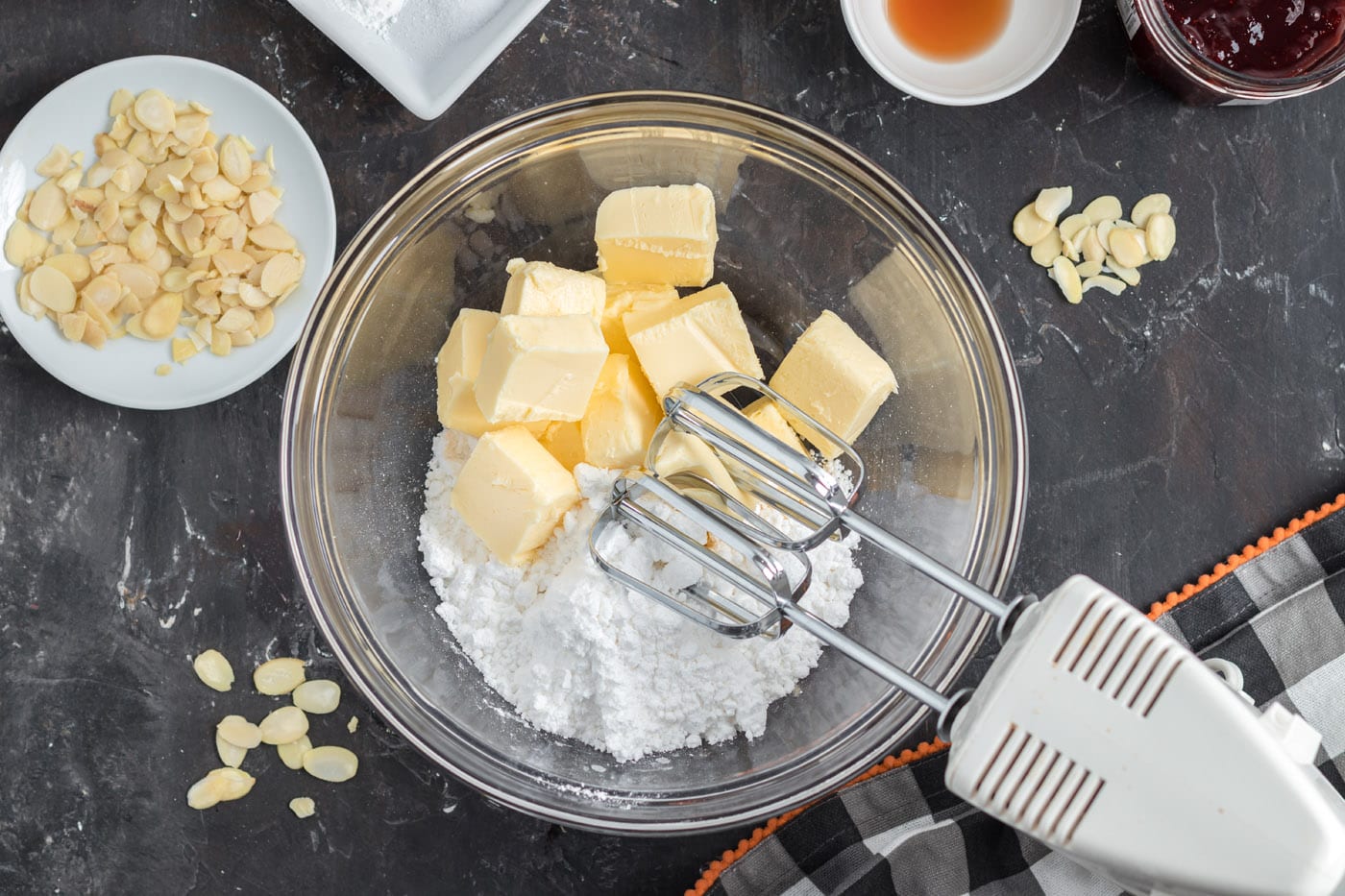 butter and powdered sugar in a mixer bowl