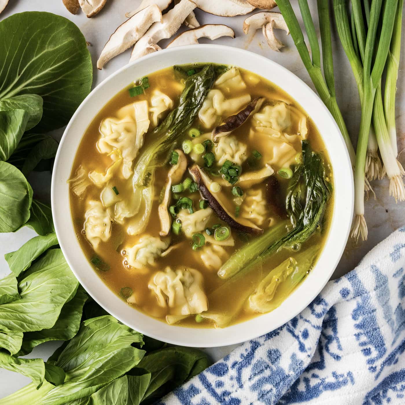 Bowl of Wonton Soup with green onions, mushrooms and baby bok choy around it